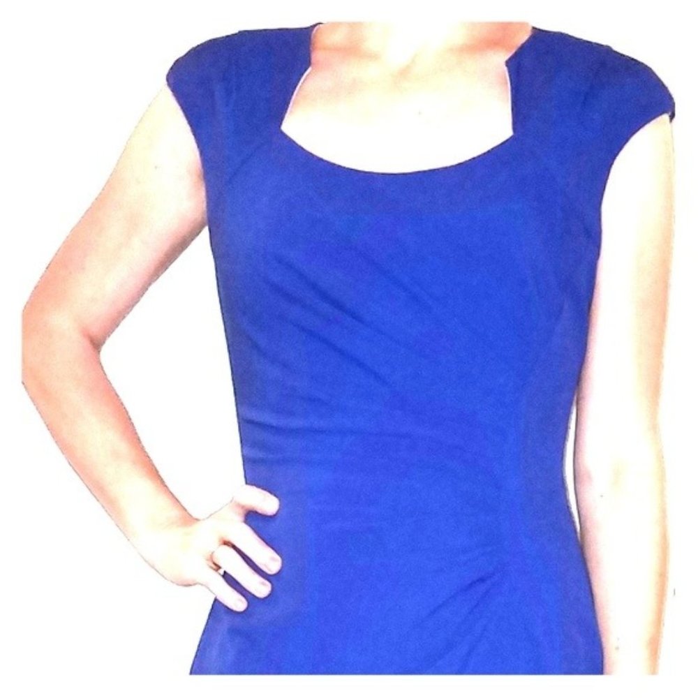 Dana Buchman royal blue fitted dress, geometric neckline, size 8